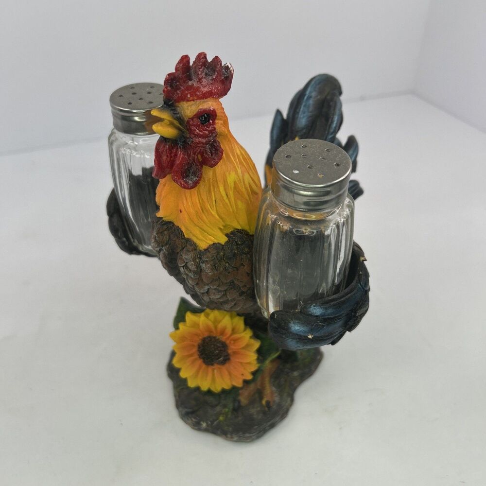 DWK Country Rooster Salt and Pepper Shaker Set Holder Figurine Sunflower HD22877